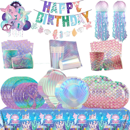 Little Mermaid Party Supplies - Complete Mermaid Birthday Decorations and Disposable Tableware Set