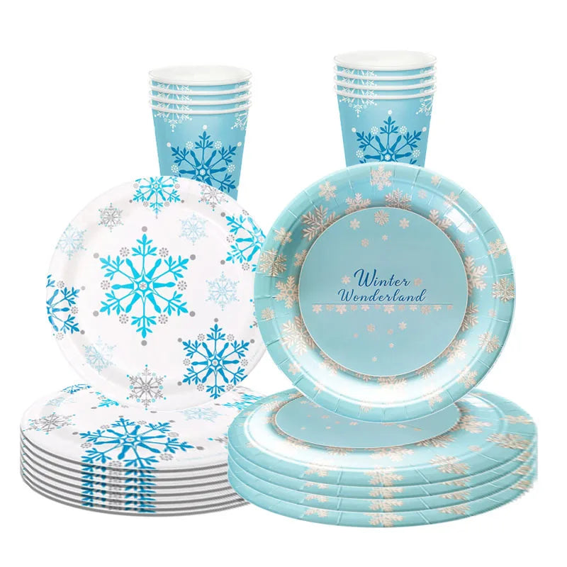 Frozen Birthday Tableware - Blue Snowflake Plate Cup Napkin Set | Christmas Party Supplies | Snow Ice Freeze Theme Party Decor