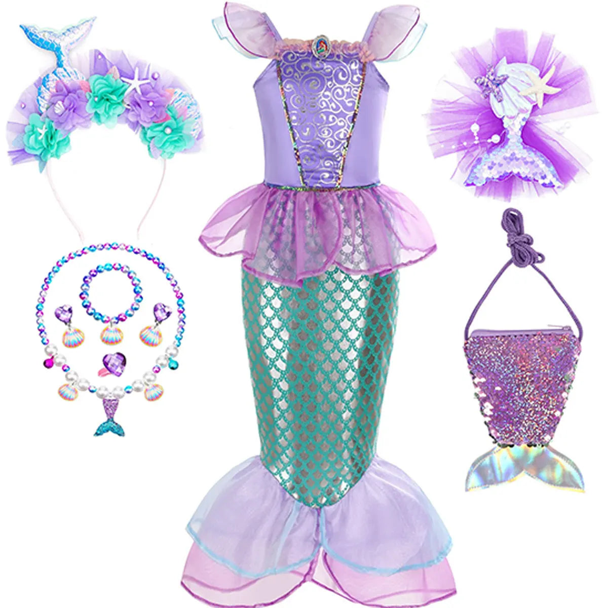 Disney Little Mermaid Ariel Princess Costume - Purple Dress for Girls