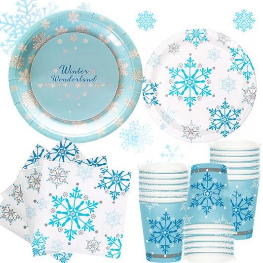 Frozen Birthday Tableware - Blue Snowflake Plate Cup Napkin Set | Christmas Party Supplies | Snow Ice Freeze Theme Party Decor