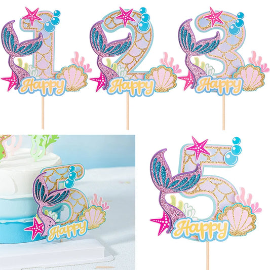 Little Mermaid Glitter Cake Topper Set - Perfect for Girls' 1st Birthday Party Under The Sea Decorations