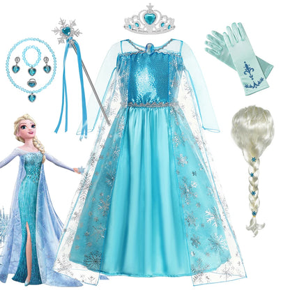 Girls Elsa Princess Dresses - Carnival Party Gown Cloak - Kids Birthday Cosplay Costume Frozen Snow Queen Clothes